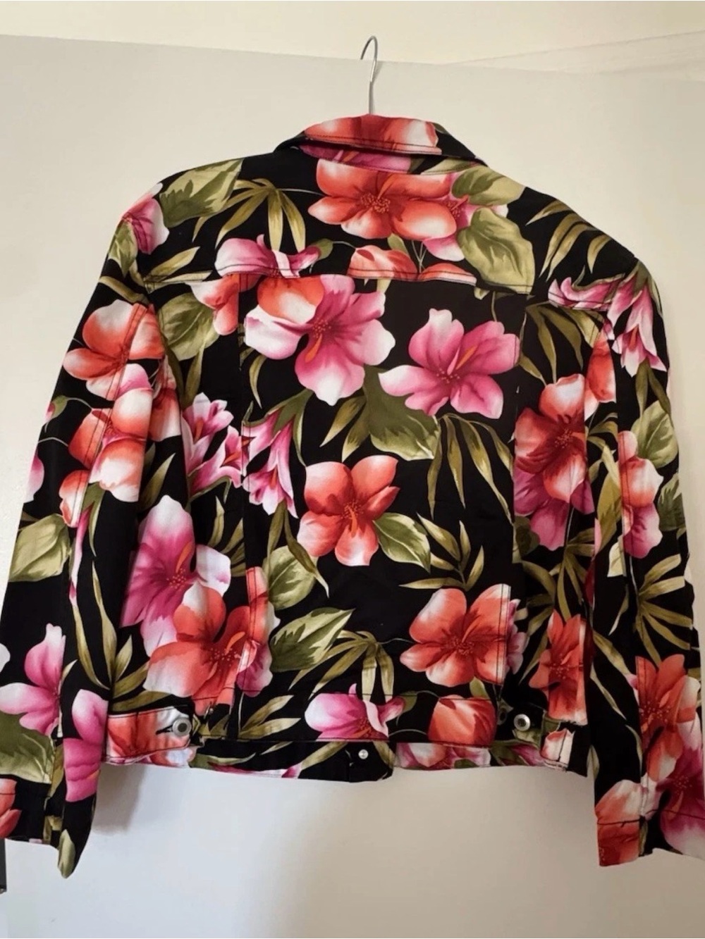 Caribbean Joe Black Jean Jacket with Pink & Coral Floral Print